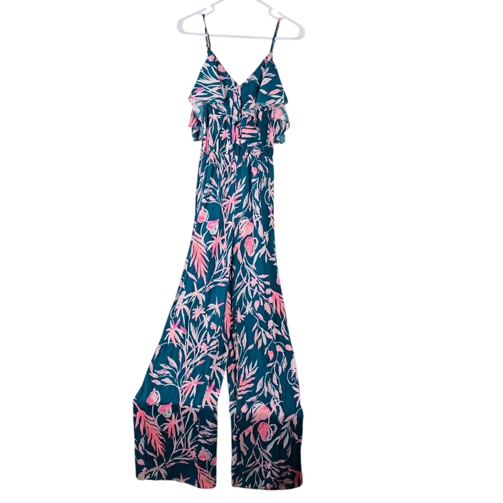 Lilly Pulitzer Emilea Jumpsuit S Tidal Wave Prme Time Print Ruffles Wide Leg - Picture 2 of 14